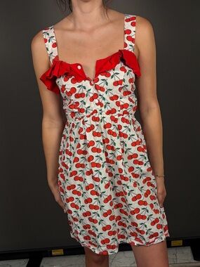 Topshop White Cherry-Print Mini Dress with Red Ruffle